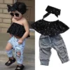 New Fashion Toddler Baby Girls Clothes Black Blouse Top Hole Casual Denim Pants Outfits Set - Image 2