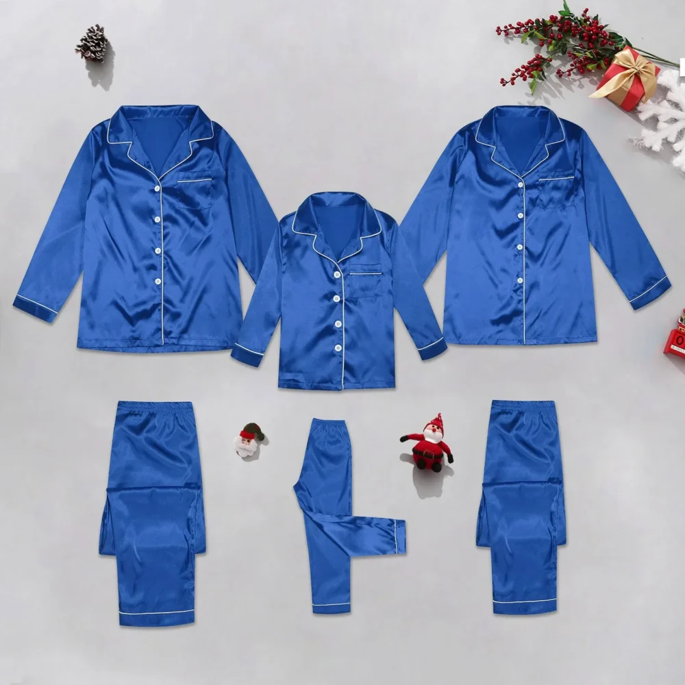 Family Look Christmas Pajamas Nightwear Satin Silk Tops+Pants 2pcs Sleepwear Pajamas Solid Matching Suits For The Whole Family - Image 10