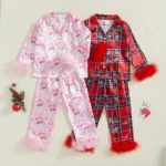 2024-08-02 Lioraitiin Toddler Baby Girl 2Pcs Christmas Pajamas Long Sleeve Feather Trim Shirt + Pants Set Sleepwear