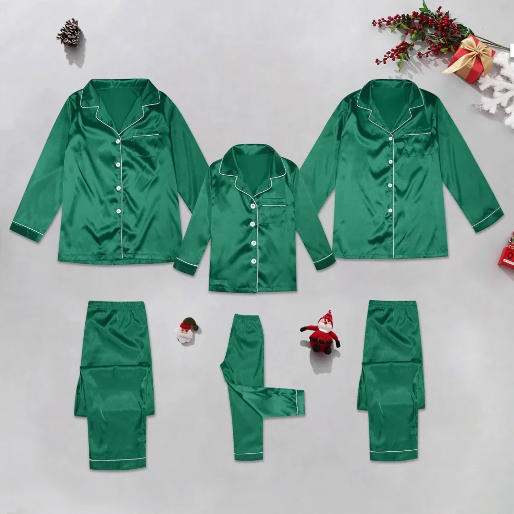 Family Look Christmas Pajamas Nightwear Satin Silk Tops+Pants 2pcs Sleepwear Pajamas Solid Matching Suits For The Whole Family - Image 7