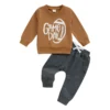 2024-07-03 Lioraitiin Baby Boy Fall Outfit Letter Rugby Print Long Sleeve Sweatshirt and Elastic Pants 2Pcs Clothes for Toddler - Brown - 6M - United States