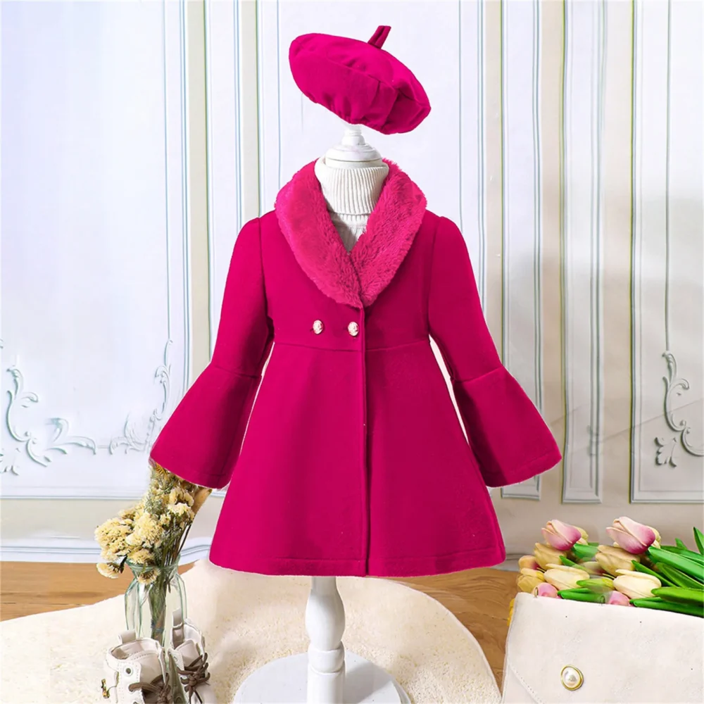 Christmas Toddler Girl Solid Color Patchwork Wool Collar Coat Hat Set For 1 To 6 Years Girl winter Warm Jackets With Hat 2pcs - Image 3