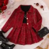 Spring And Autumn Girls Clothes Set 4Y,5Y,6Y,7Y Plaid Coats+Long Sleeved Ribbed Tops+Skirts Three Piece Outfits Children Clothes - Red - 4-5 Years - CN