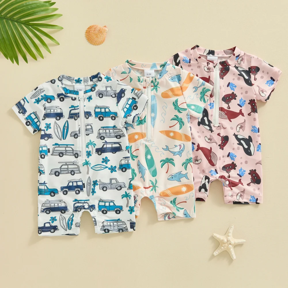 Citgeett Summer Kids Boys Short Sleeve Swimsuit Print Ziper Swimwear Bathing Suit Romper Clothes