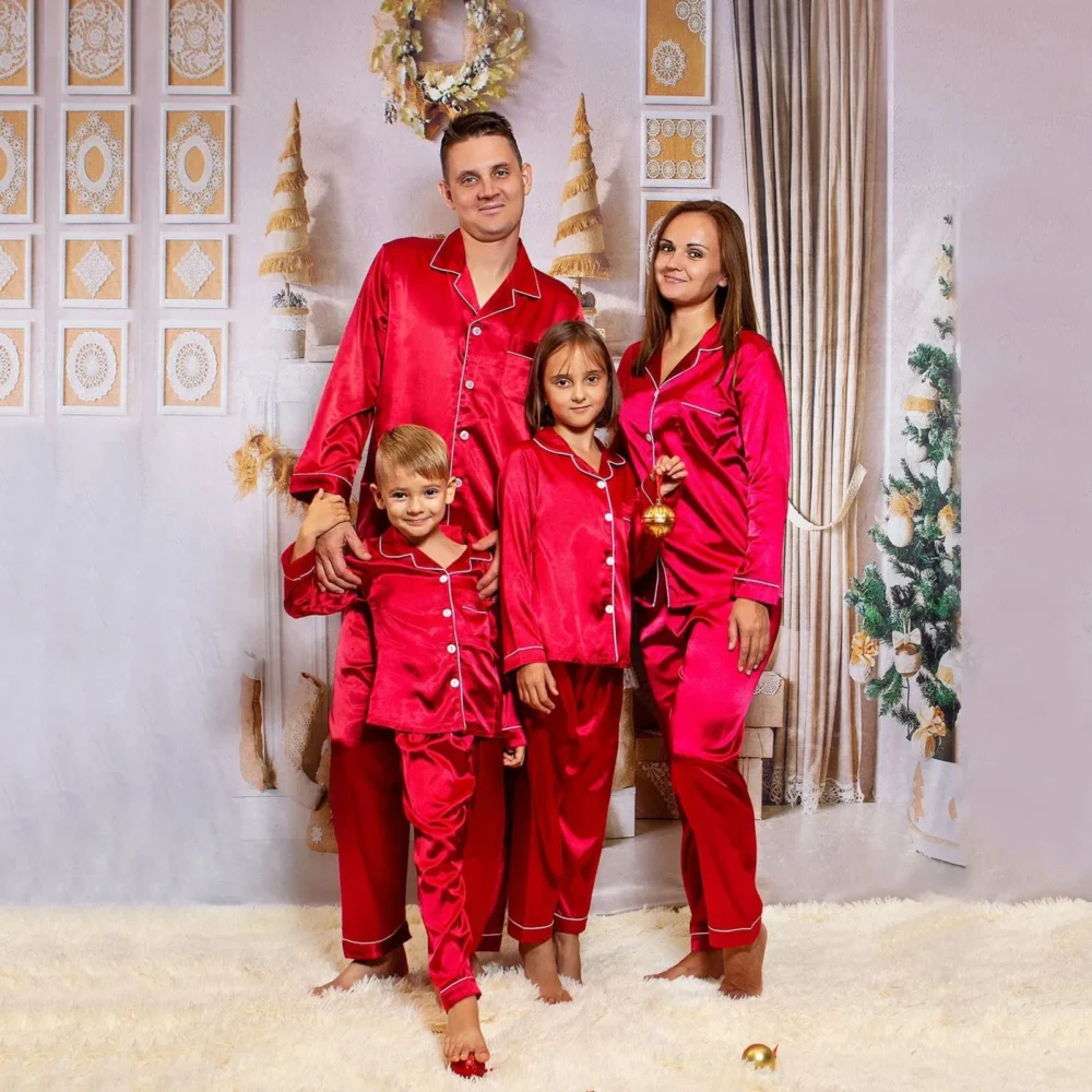 Family Look Christmas Pajamas Nightwear Satin Silk Tops+Pants 2pcs Sleepwear Pajamas Solid Matching Suits For The Whole Family - Image 2