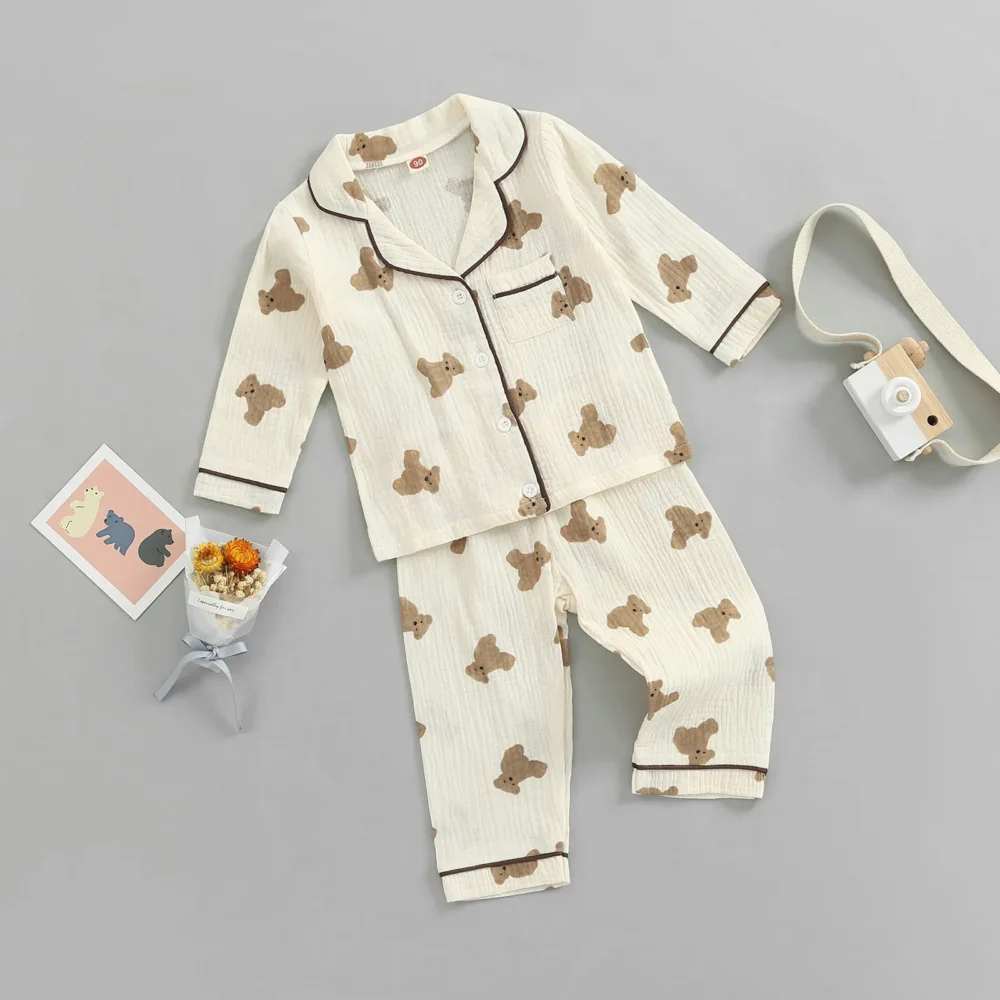 2022-07-06 Lioraitiin 0-6Years Kids Unisex Casual Pajama Suit Bear Printed Long Sleeve Front Pocket Lapel Tops Printed Long Pant - Image 2