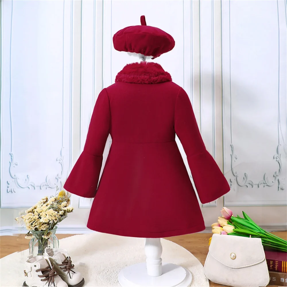 Christmas Toddler Girl Solid Color Patchwork Wool Collar Coat Hat Set For 1 To 6 Years Girl winter Warm Jackets With Hat 2pcs - Image 5