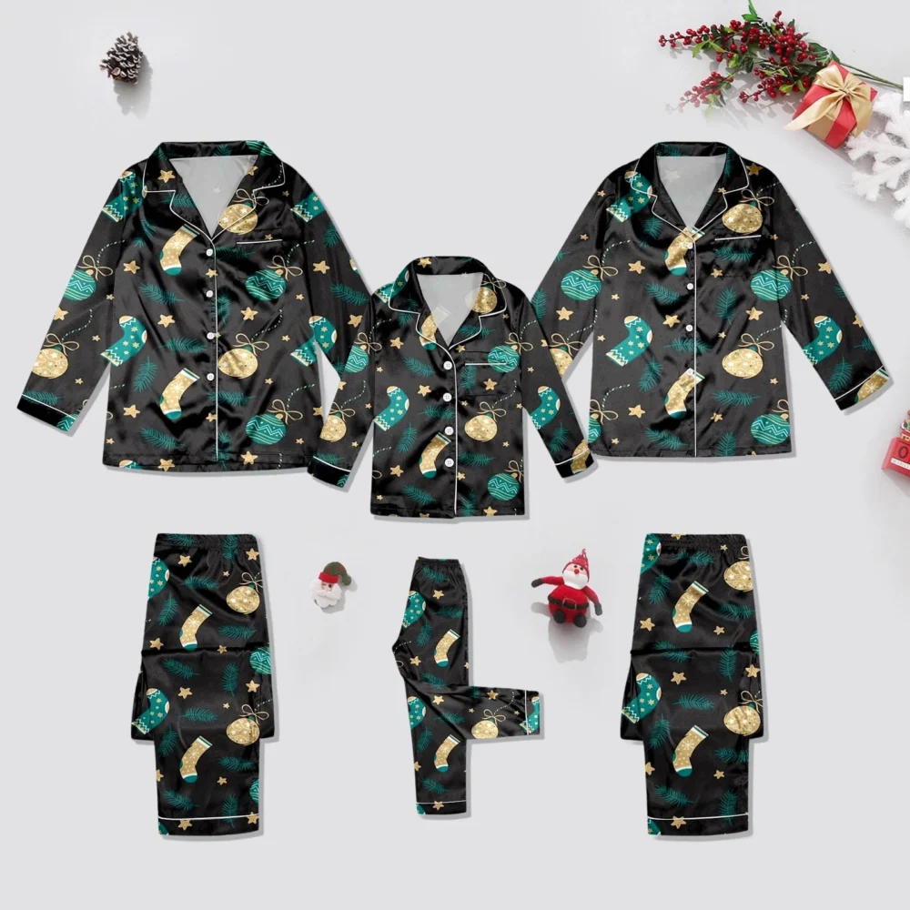 Silk Satin Family Matching Outfit Christmas Snowflake Print Pajamas 2 Piece Set Long Sleeve Lapel Button Shirts+Loose Pant Sets - Image 9