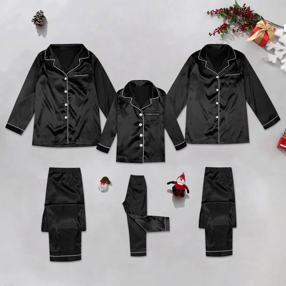 Family Look Christmas Pajamas Nightwear Satin Silk Tops+Pants 2pcs Sleepwear Pajamas Solid Matching Suits For The Whole Family - Image 8