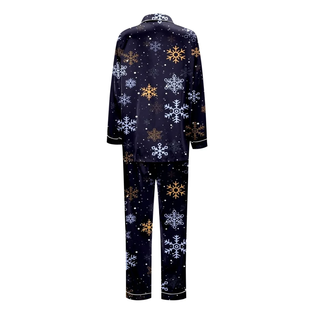 Silk Satin Family Matching Outfit Christmas Snowflake Print Pajamas 2 Piece Set Long Sleeve Lapel Button Shirts+Loose Pant Sets - Image 4