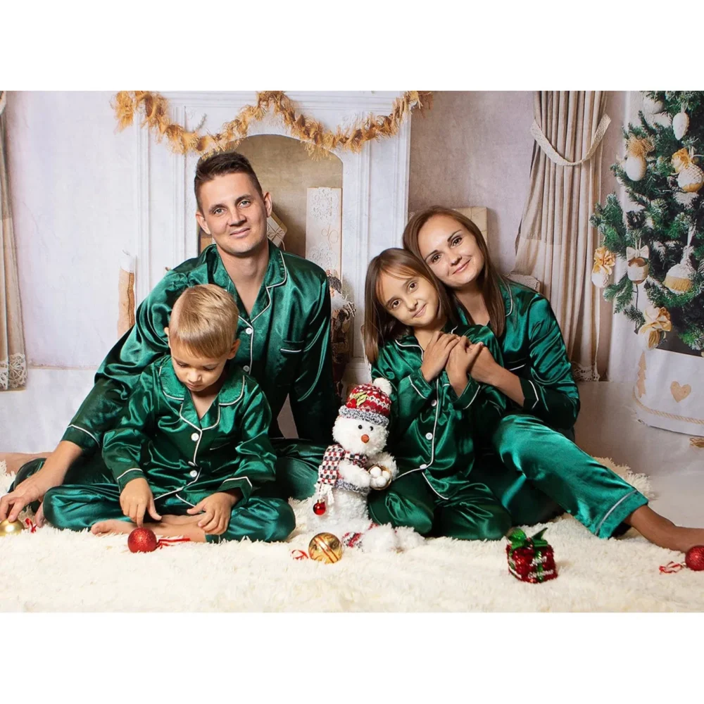 Family Look Christmas Pajamas Nightwear Satin Silk Tops+Pants 2pcs Sleepwear Pajamas Solid Matching Suits For The Whole Family - Image 5