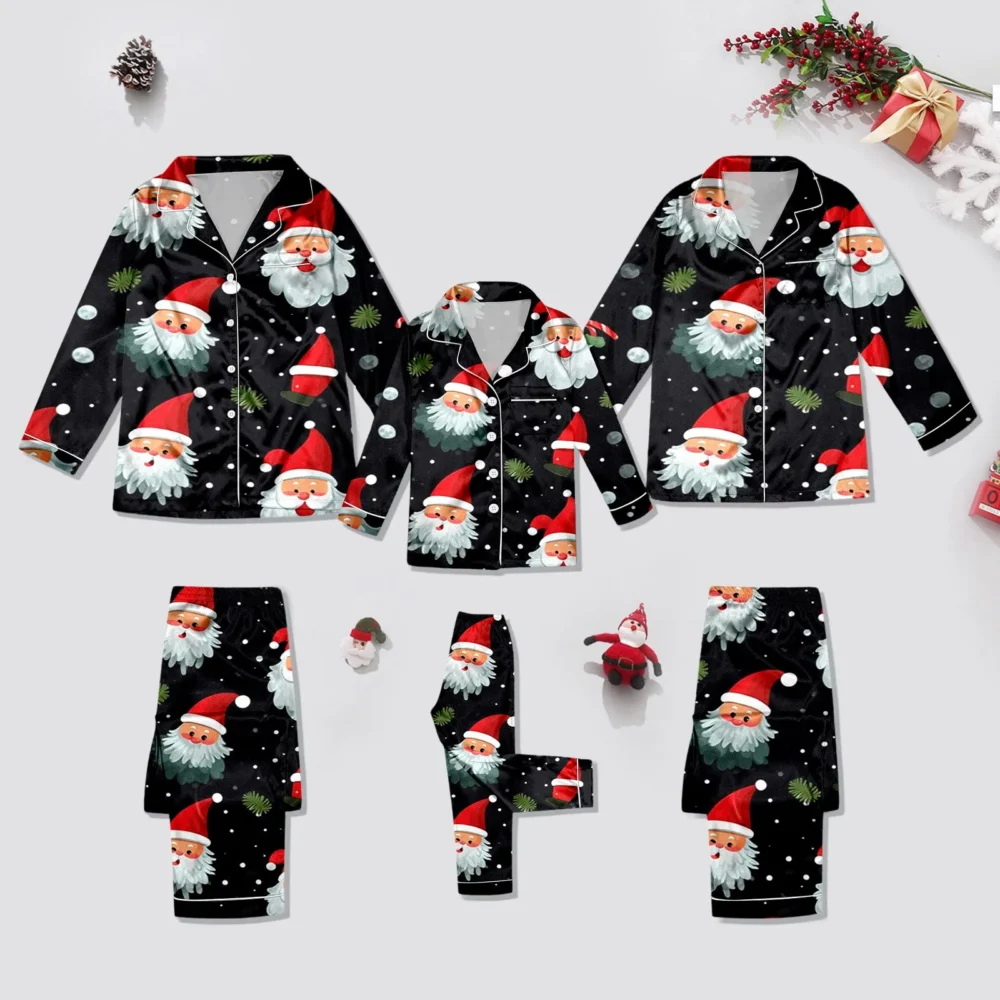 Silk Satin Family Matching Outfit Christmas Snowflake Print Pajamas 2 Piece Set Long Sleeve Lapel Button Shirts+Loose Pant Sets - Image 8