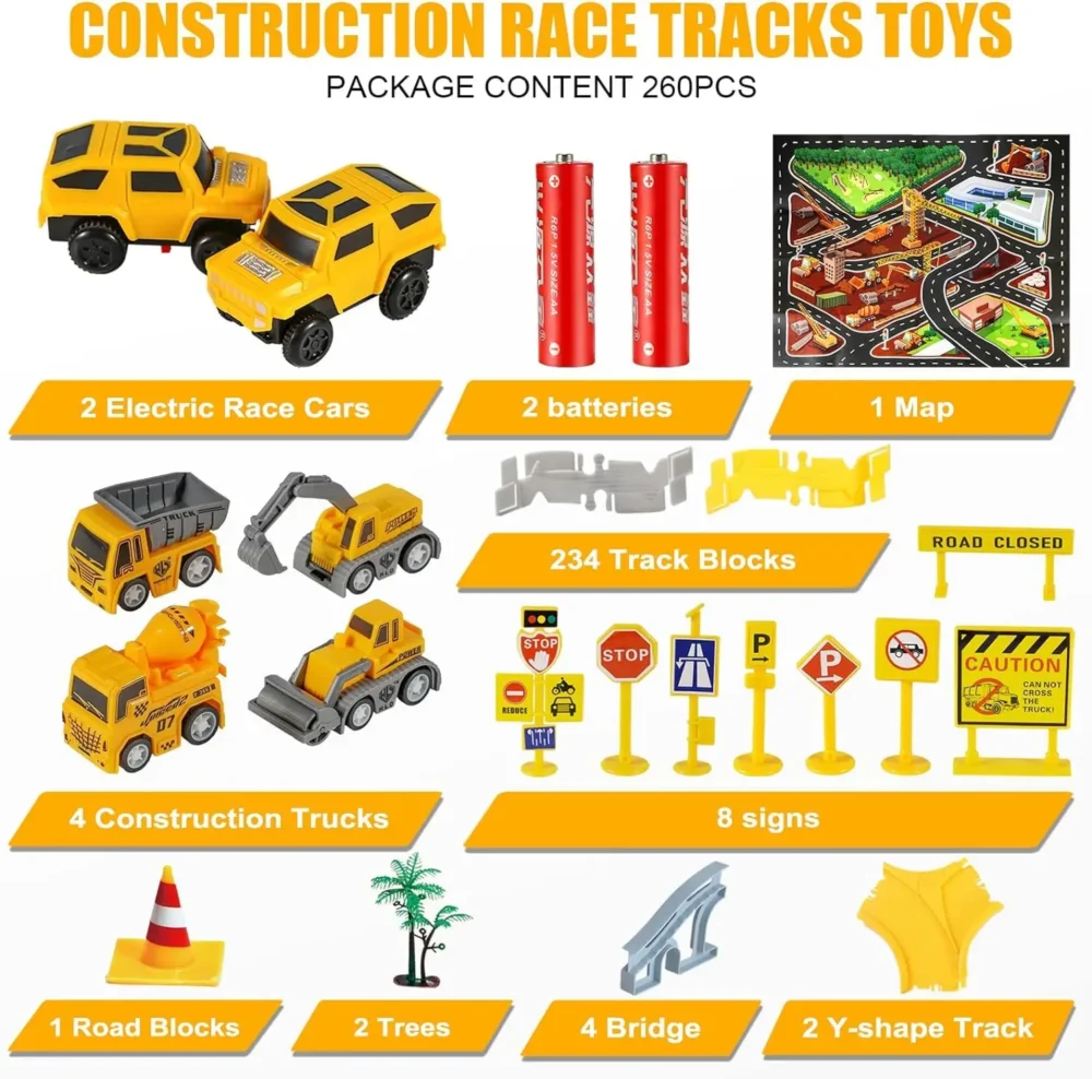 260 PCS Construction Race Tracks for Kids Toys, 2 Electric Cars, 4 Construction Cars, 1 Map & Flexible DIY Track Set for 3+ kids - Image 3