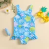 Girl Long Summer Toddler Girls Ruffles Cartoon Prints 1 Piece Swimwear Beach Swimsuit Bikini Girls 3 Piece Bikini Set - Blue - 3-6 Months - CN