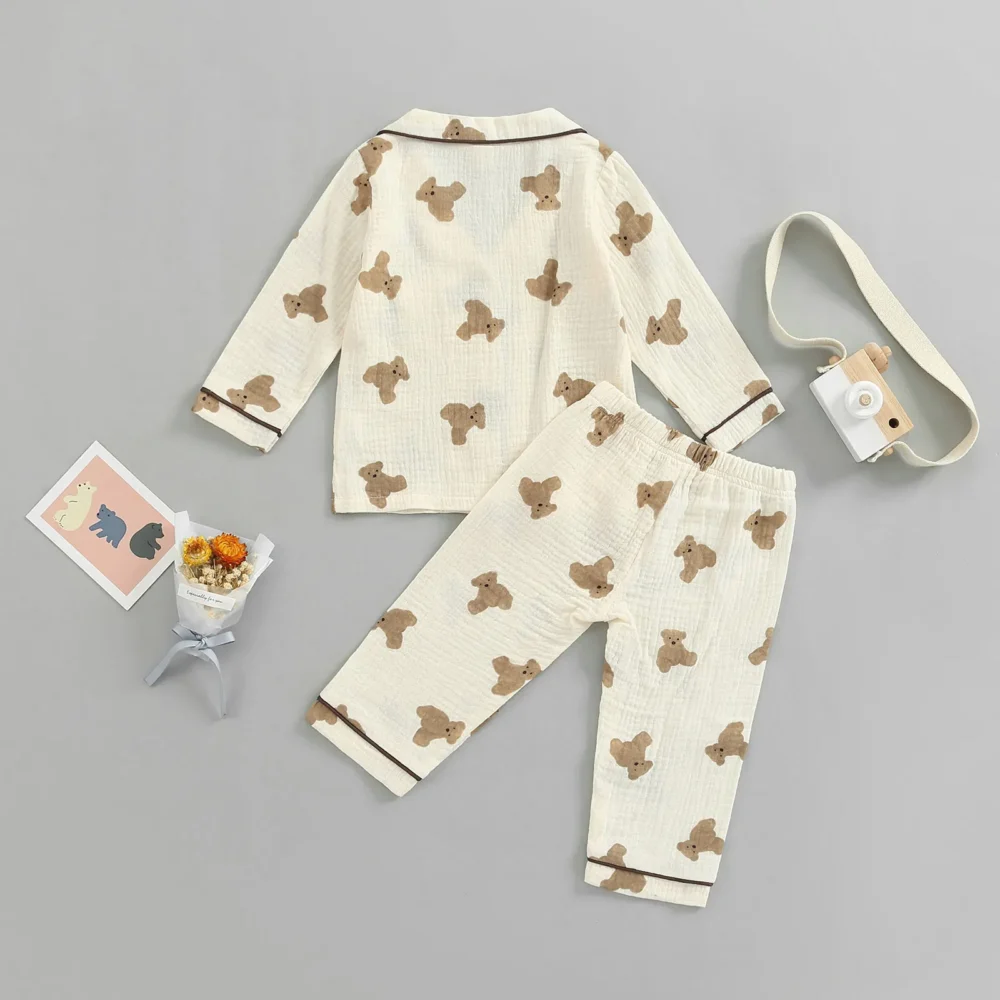 2022-07-06 Lioraitiin 0-6Years Kids Unisex Casual Pajama Suit Bear Printed Long Sleeve Front Pocket Lapel Tops Printed Long Pant - Image 6