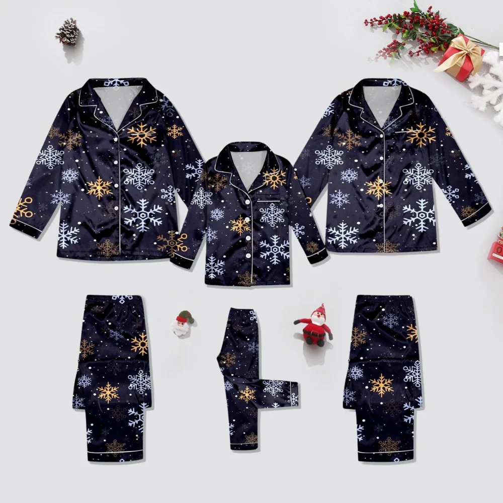 Silk Satin Family Matching Outfit Christmas Snowflake Print Pajamas 2 Piece Set Long Sleeve Lapel Button Shirts+Loose Pant Sets