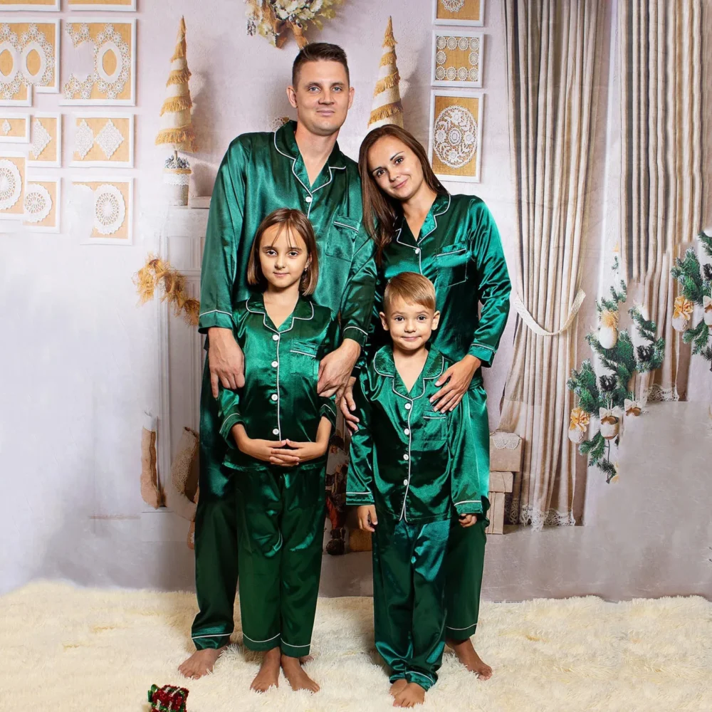 Family Look Christmas Pajamas Nightwear Satin Silk Tops+Pants 2pcs Sleepwear Pajamas Solid Matching Suits For The Whole Family