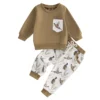 2024-08-19 Lioraitiin Baby Boy Girl Outfits Wild Goose Print Pullover Sweatshirt Elastic Waist Pants with Pockets Clothes Set - Brown - 6M - CHINA