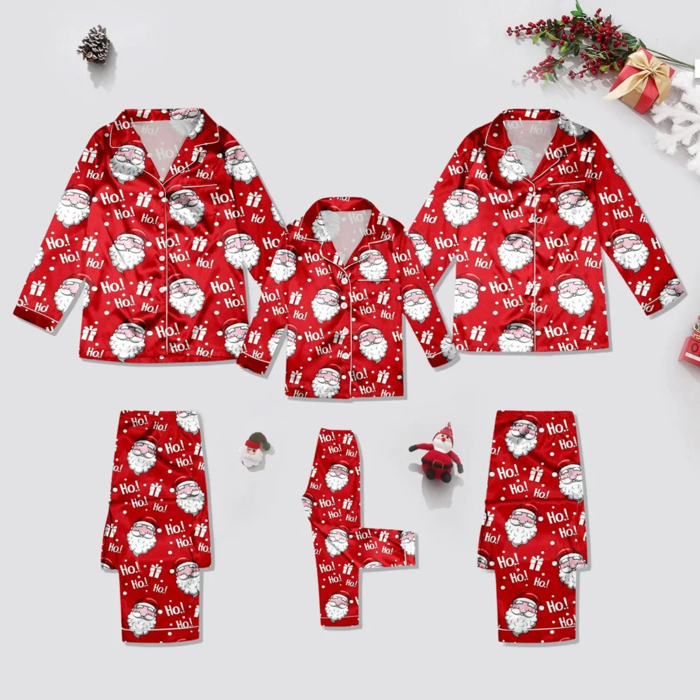 Silk Satin Family Matching Outfit Christmas Snowflake Print Pajamas 2 Piece Set Long Sleeve Lapel Button Shirts+Loose Pant Sets - Image 10